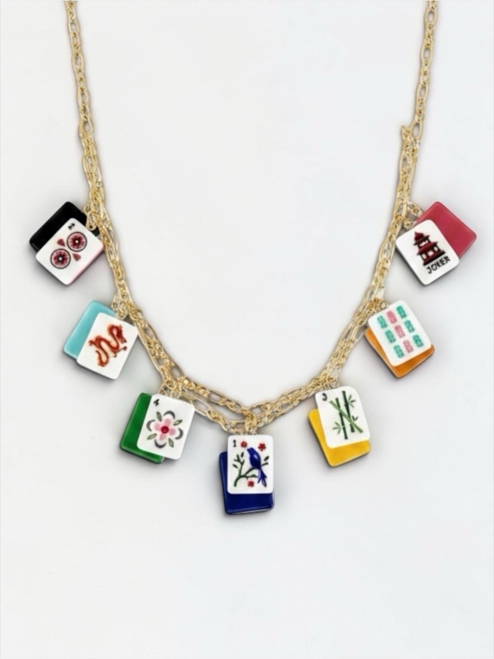 Mahjong Tile Charm Necklace Gold Figaro Chain Adjustable Statement NWT